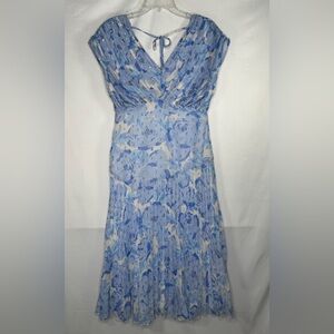 Fate Blue Floral Pleated Midi Dress Gold Metallic V-neck Cap Sleeves Fairy‎ Sz M